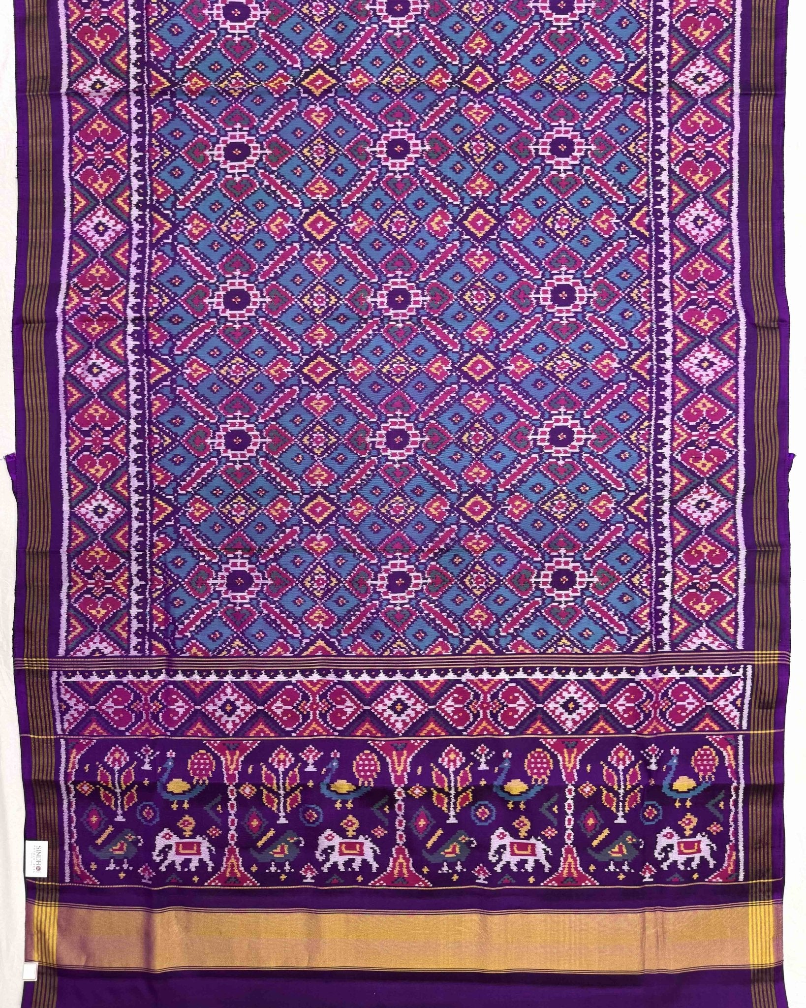 Purple & Turquoise Manekchowk Semi Double Ikat Patola Saree - SindhoiPatolaArt
