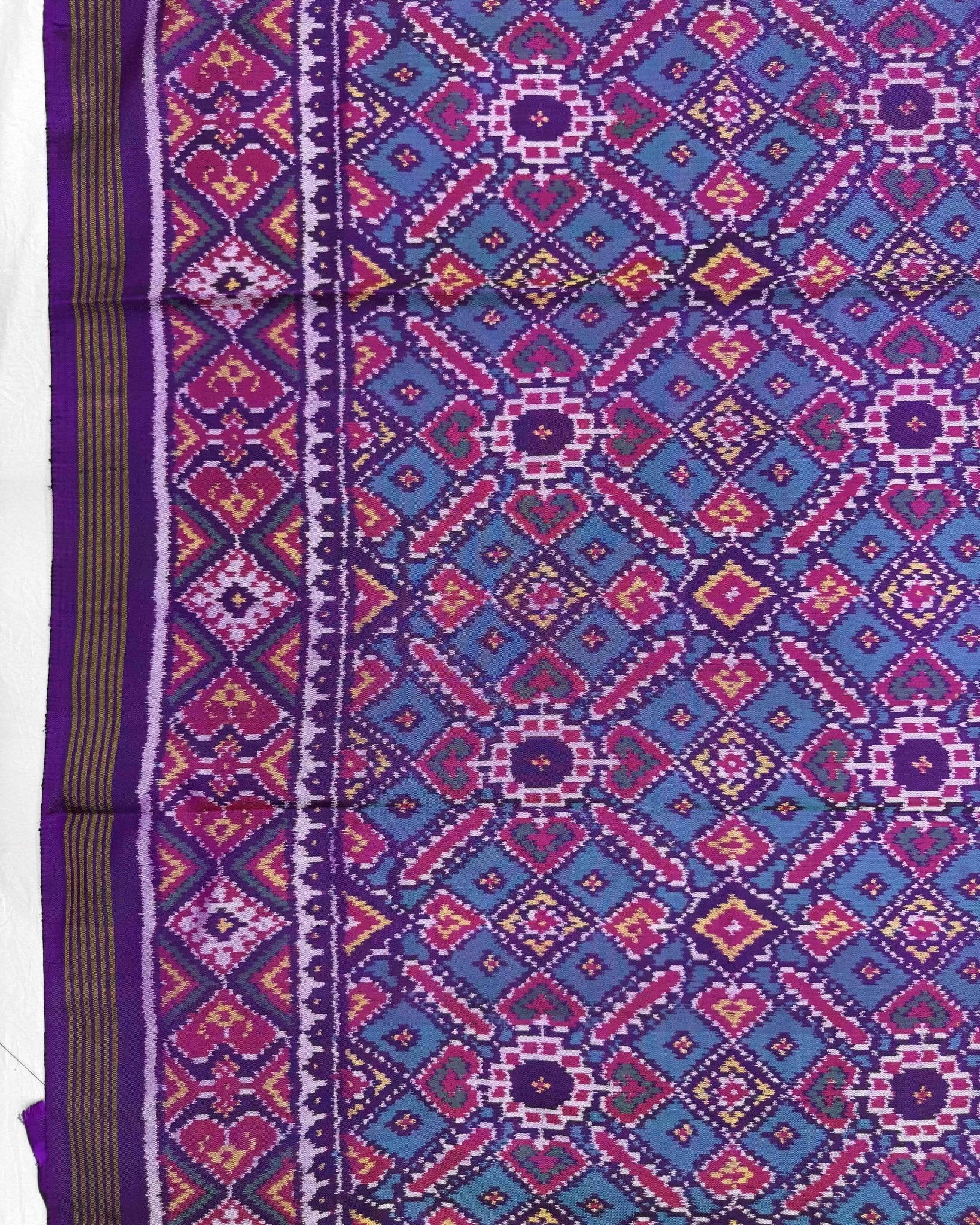 Purple & Turquoise Manekchowk Semi Double Ikat Patola Saree - SindhoiPatolaArt