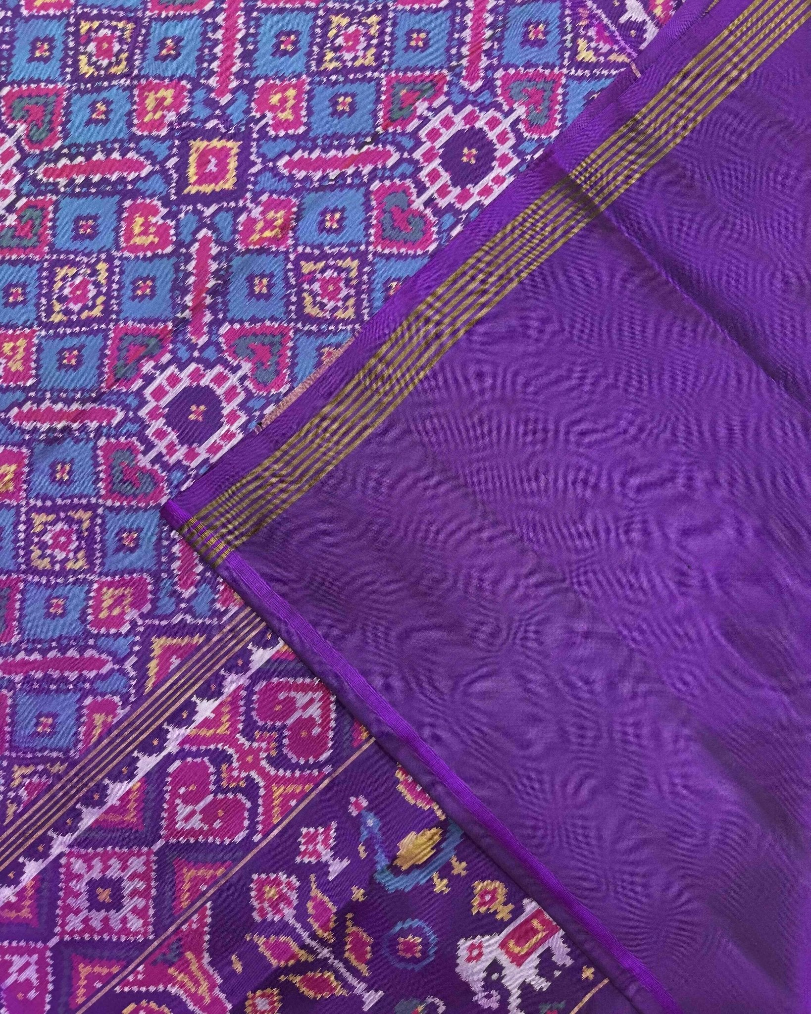Purple & Turquoise Manekchowk Semi Double Ikat Patola Saree - SindhoiPatolaArt