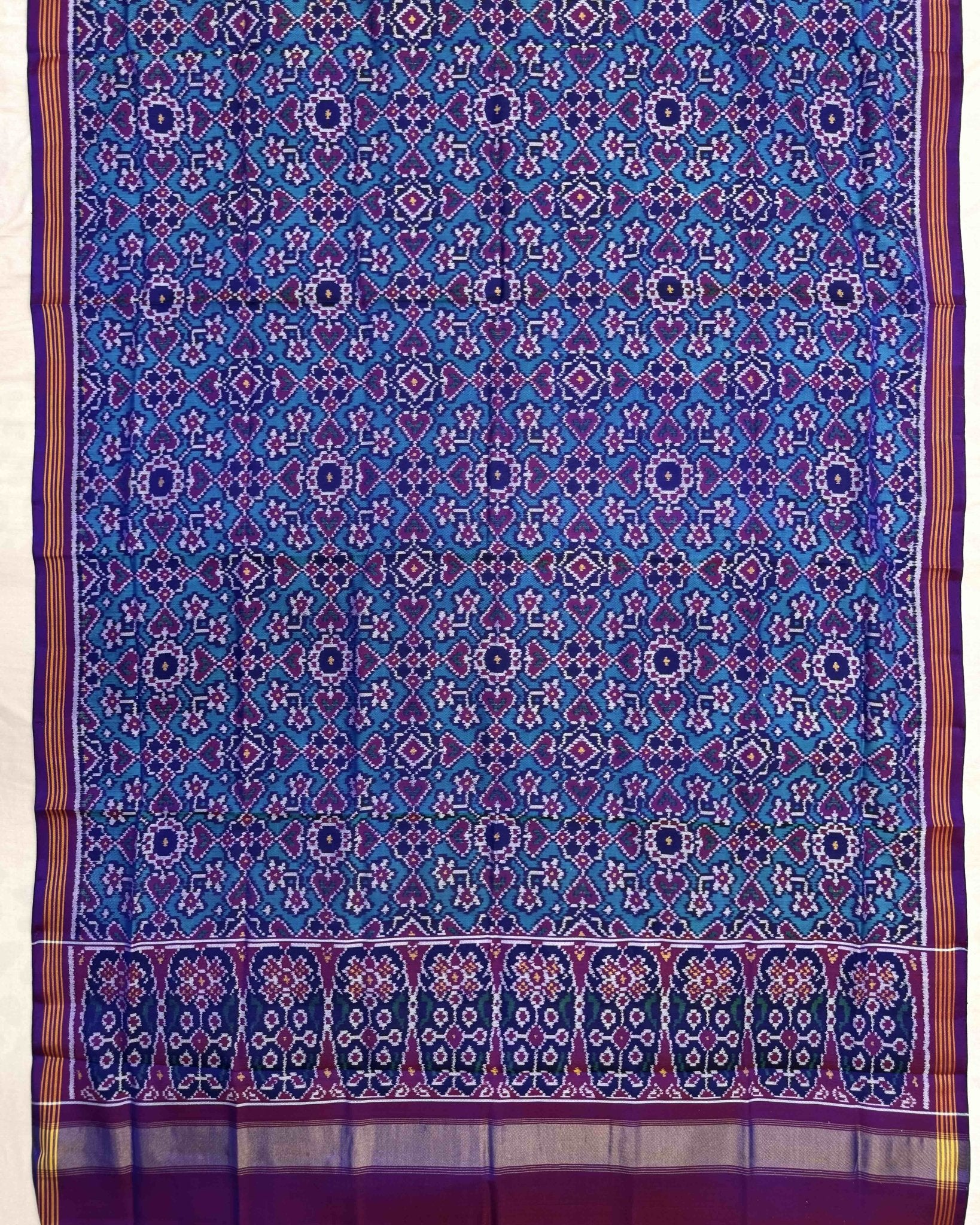 Purple & Turquoise Navratan Semi Double Ikat Patola Dupatta - SindhoiPatolaArt