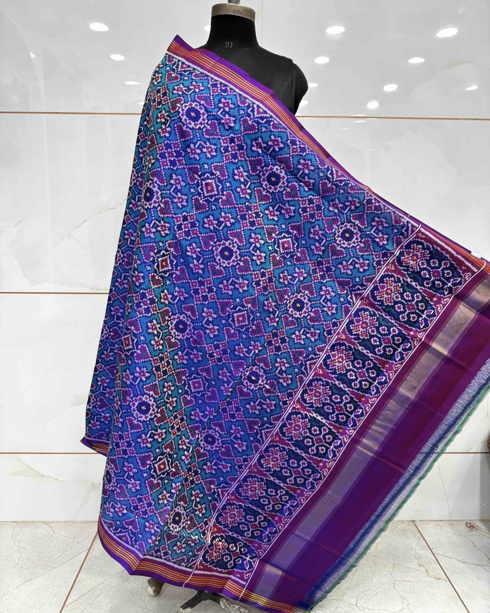 Purple & Turquoise Navratan Semi Double Ikat Patola Dupatta - SindhoiPatolaArt