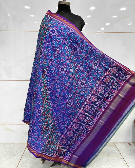 Purple & Turquoise Navratan Semi Double Ikat Patola Dupatta - SindhoiPatolaArt