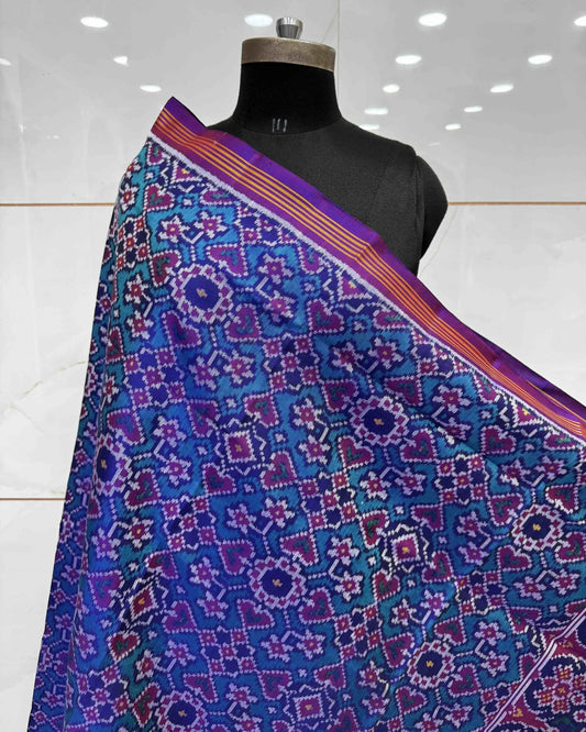 Purple & Turquoise Navratan Semi Double Ikat Patola Dupatta - SindhoiPatolaArt