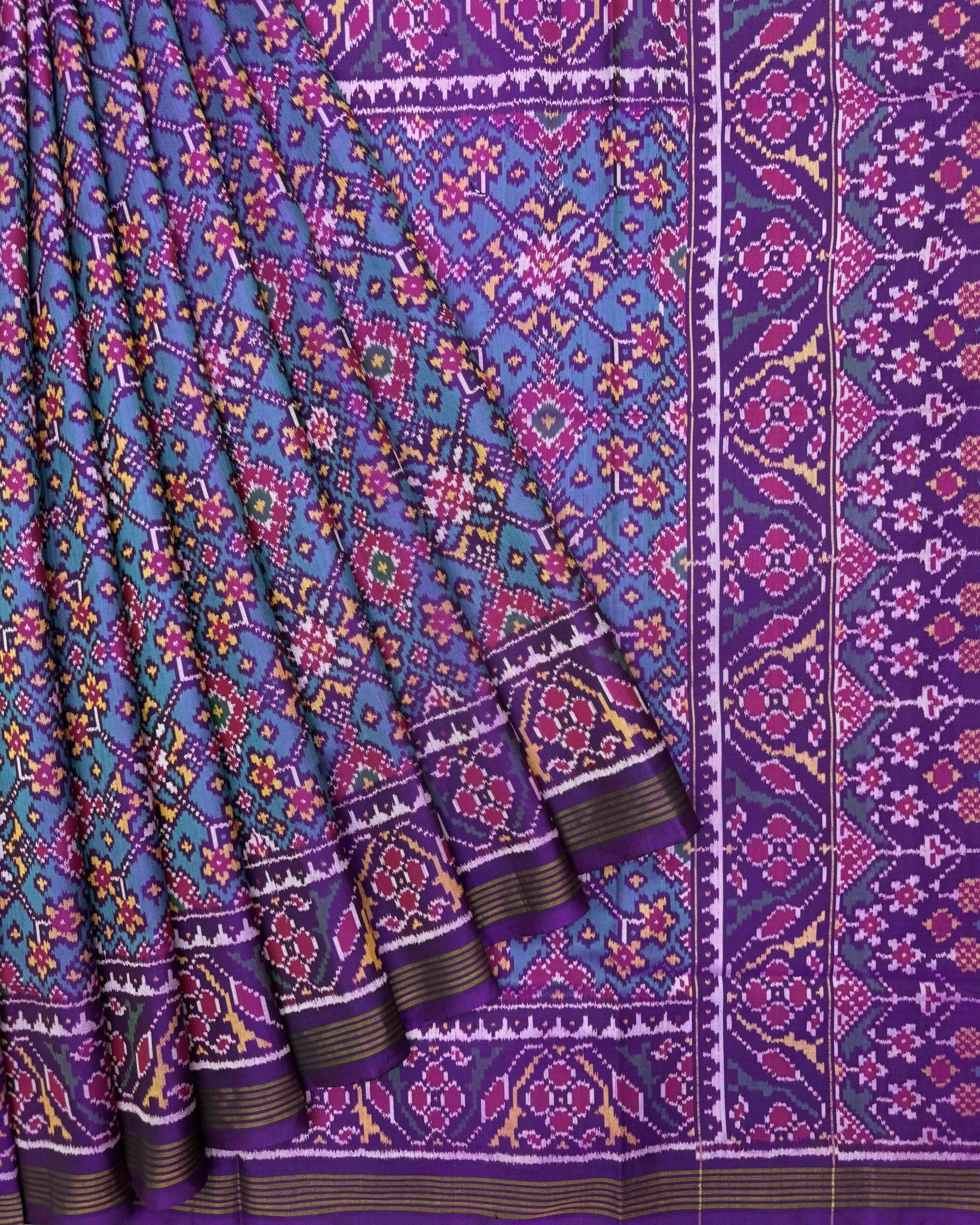 Purple & Turquoise Navratan Semi Double Ikat Patola Saree - SindhoiPatolaArt