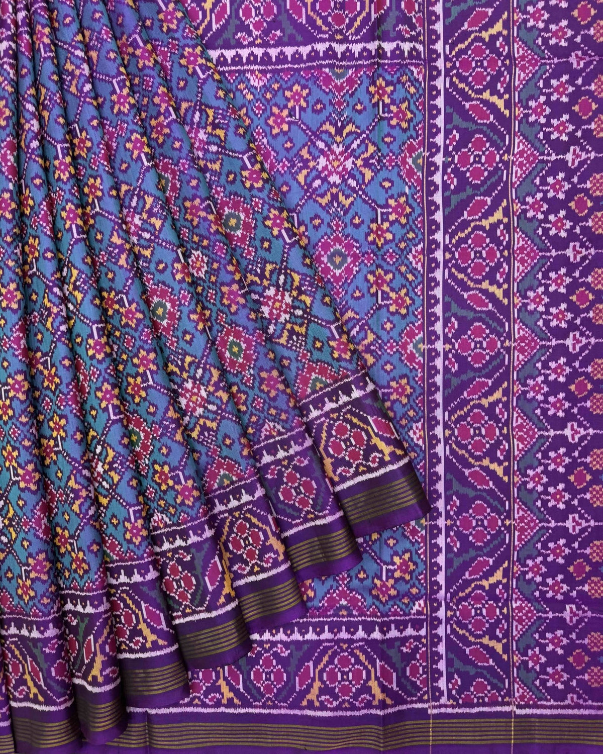 Purple & Turquoise Navratan Semi Double Ikat Patola Saree - SindhoiPatolaArt