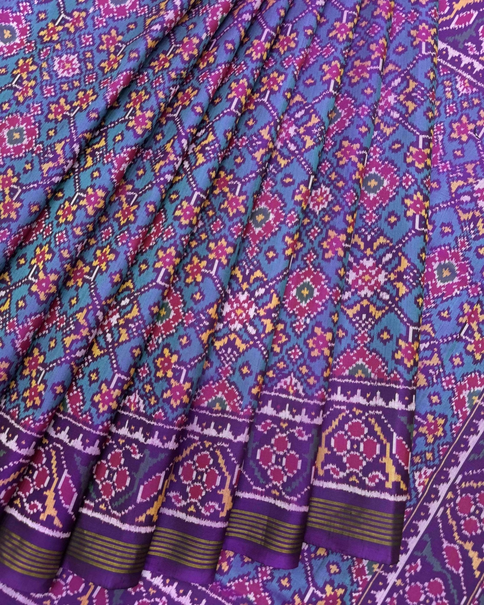 Purple & Turquoise Navratan Semi Double Ikat Patola Saree - SindhoiPatolaArt