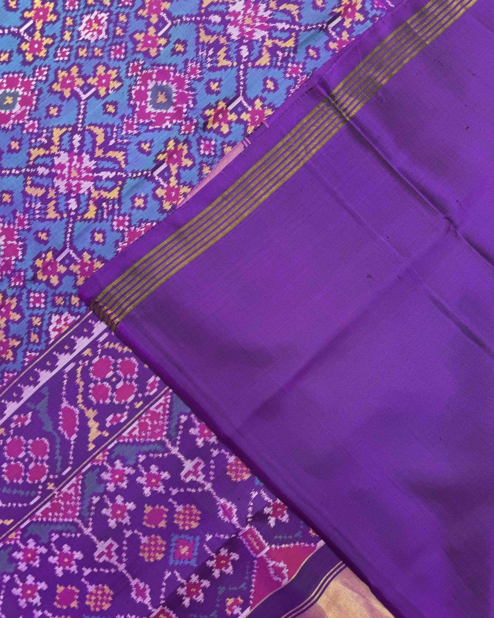 Purple & Turquoise Navratan Semi Double Ikat Patola Saree - SindhoiPatolaArt