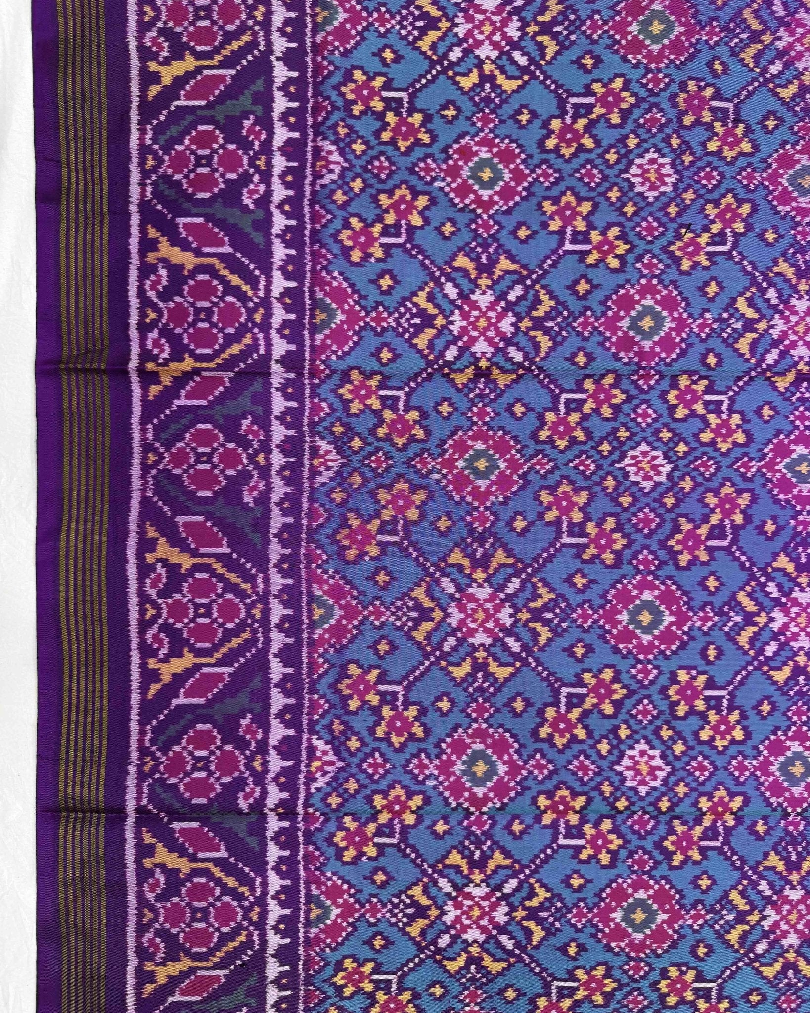 Purple & Turquoise Navratan Semi Double Ikat Patola Saree - SindhoiPatolaArt