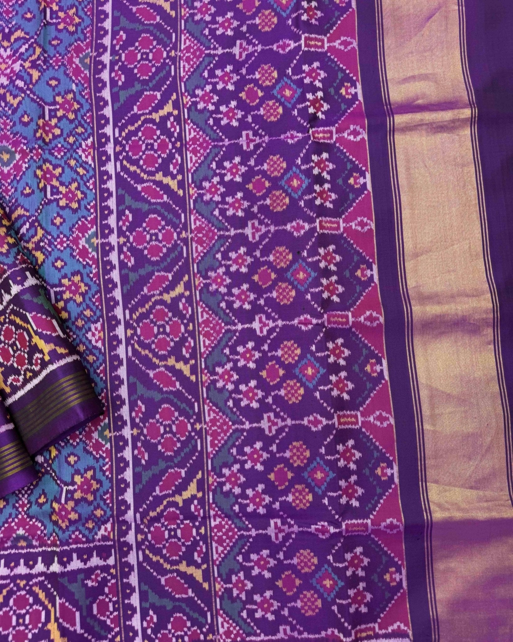 Purple & Turquoise Navratan Semi Double Ikat Patola Saree - SindhoiPatolaArt