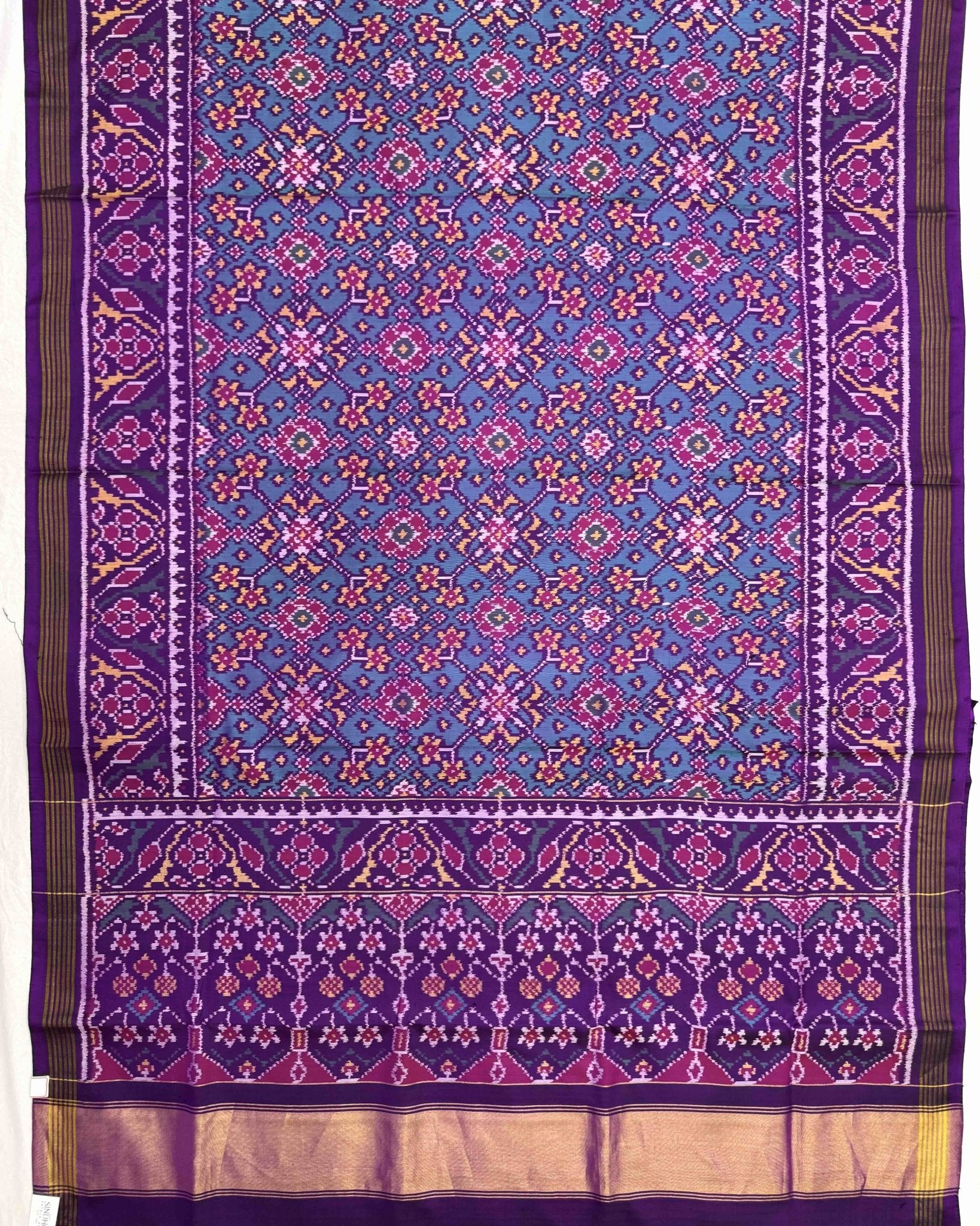 Purple & Turquoise Navratan Semi Double Ikat Patola Saree - SindhoiPatolaArt