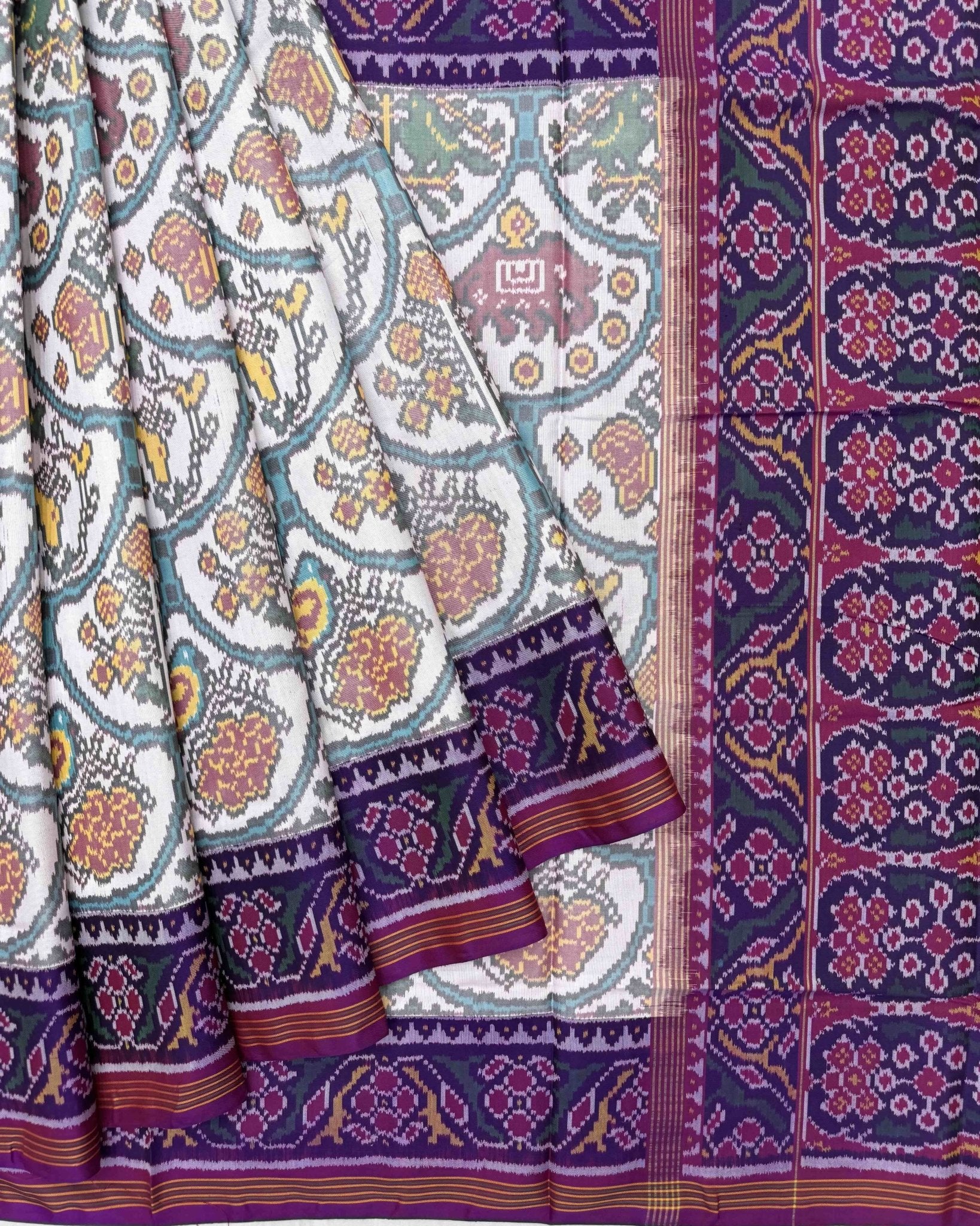 Purple & White Narikunj Patola Saree - SindhoiPatolaArt