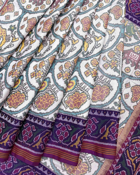 Purple & White Narikunj Patola Saree - SindhoiPatolaArt