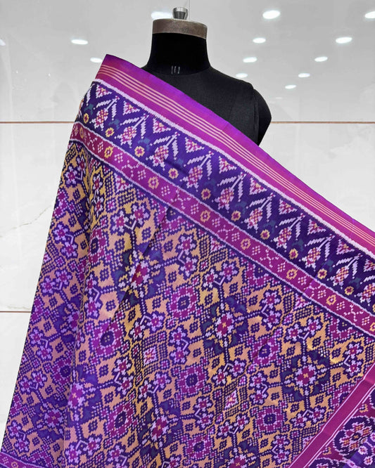 Purple & Yellow Navratan Semi Double Ikat Patola Dupatta - SindhoiPatolaArt