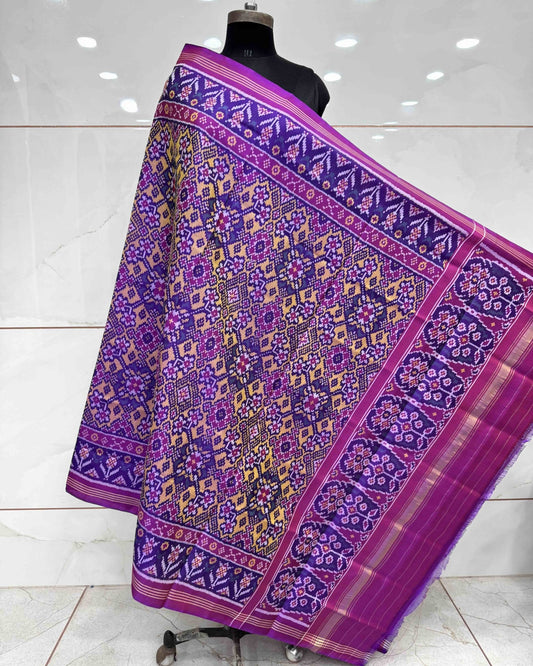 Purple & Yellow Navratan Semi Double Ikat Patola Dupatta - SindhoiPatolaArt