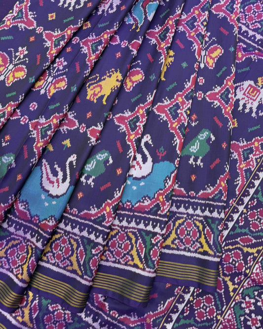 Purplish Blue Big Figure Chhabdi Narikunj Semi Double Ikat Patola Saree - SindhoiPatolaArt