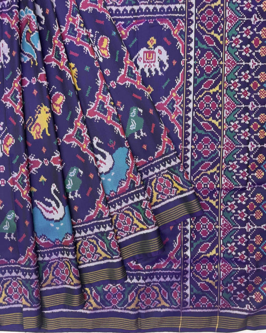 Purplish Blue Big Figure Chhabdi Narikunj Semi Double Ikat Patola Saree - SindhoiPatolaArt