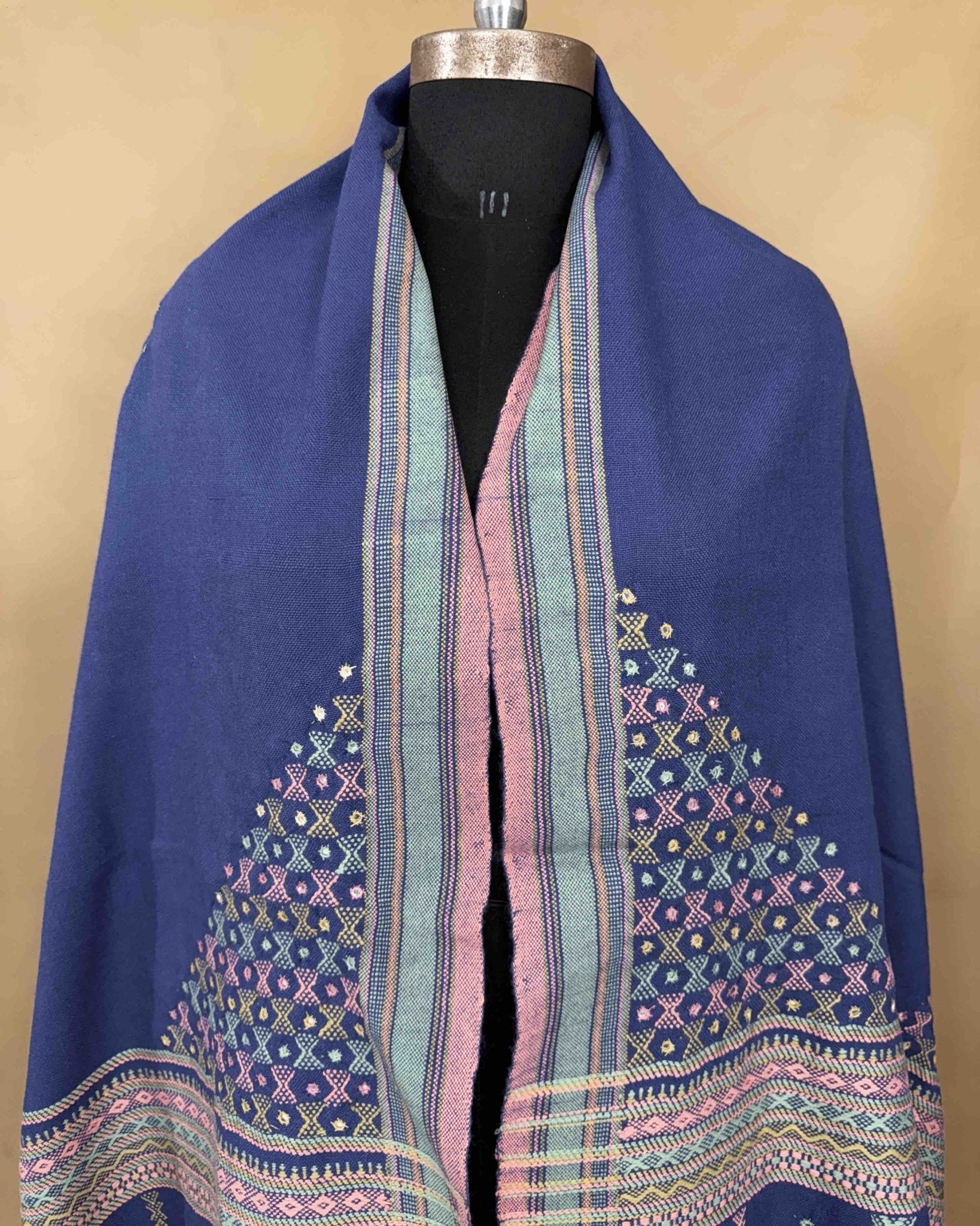 Purplish Blue Butta Mirror & Corner Mirror Kutchi Woolen Shawl - SindhoiPatolaArt