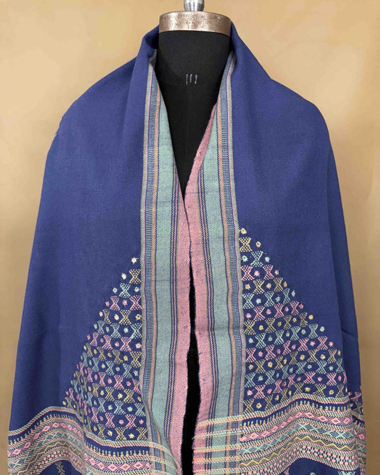 Purplish Blue Butta Mirror & Corner Mirror Kutchi Woolen Shawl - SindhoiPatolaArt
