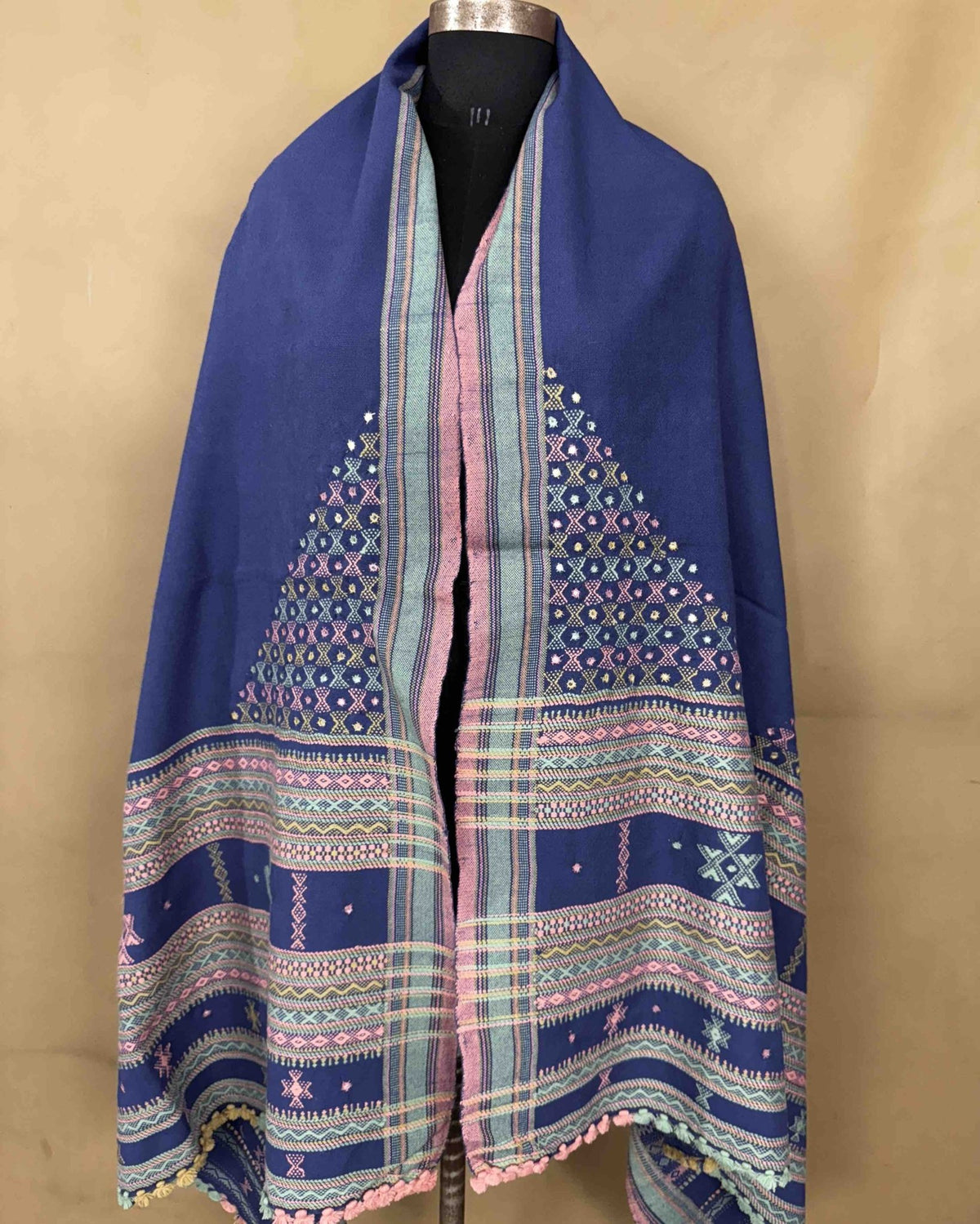 Purplish Blue Butta Mirror & Corner Mirror Kutchi Woolen Shawl - SindhoiPatolaArt