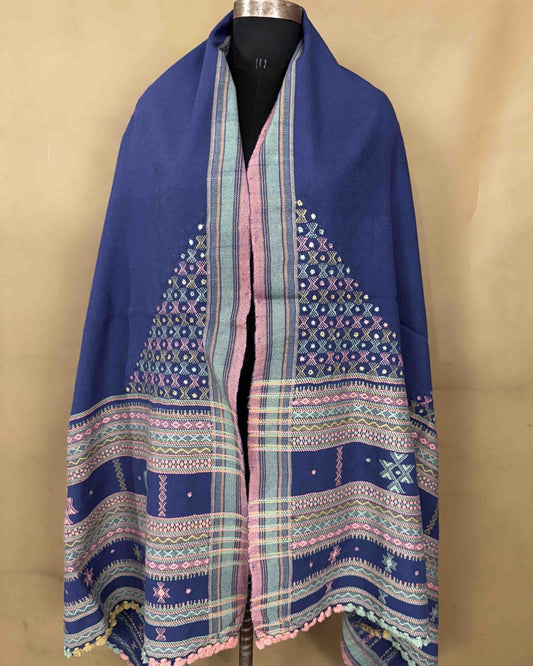 Purplish Blue Butta Mirror & Corner Mirror Kutchi Woolen Shawl - SindhoiPatolaArt