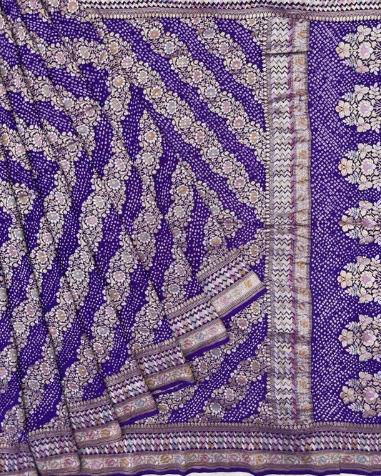 Purplish Blue Georgette Khaddi Bandhani Saree - SindhoiPatolaArt