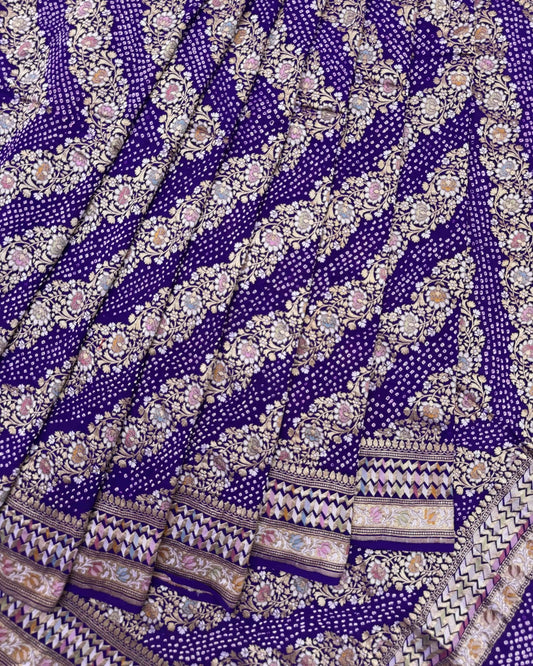 Purplish Blue Georgette Khaddi Bandhani Saree - SindhoiPatolaArt