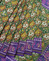 Purplish Blue & Green Small Narikunj Semi Double Ikat Patola Saree - SindhoiPatolaArt