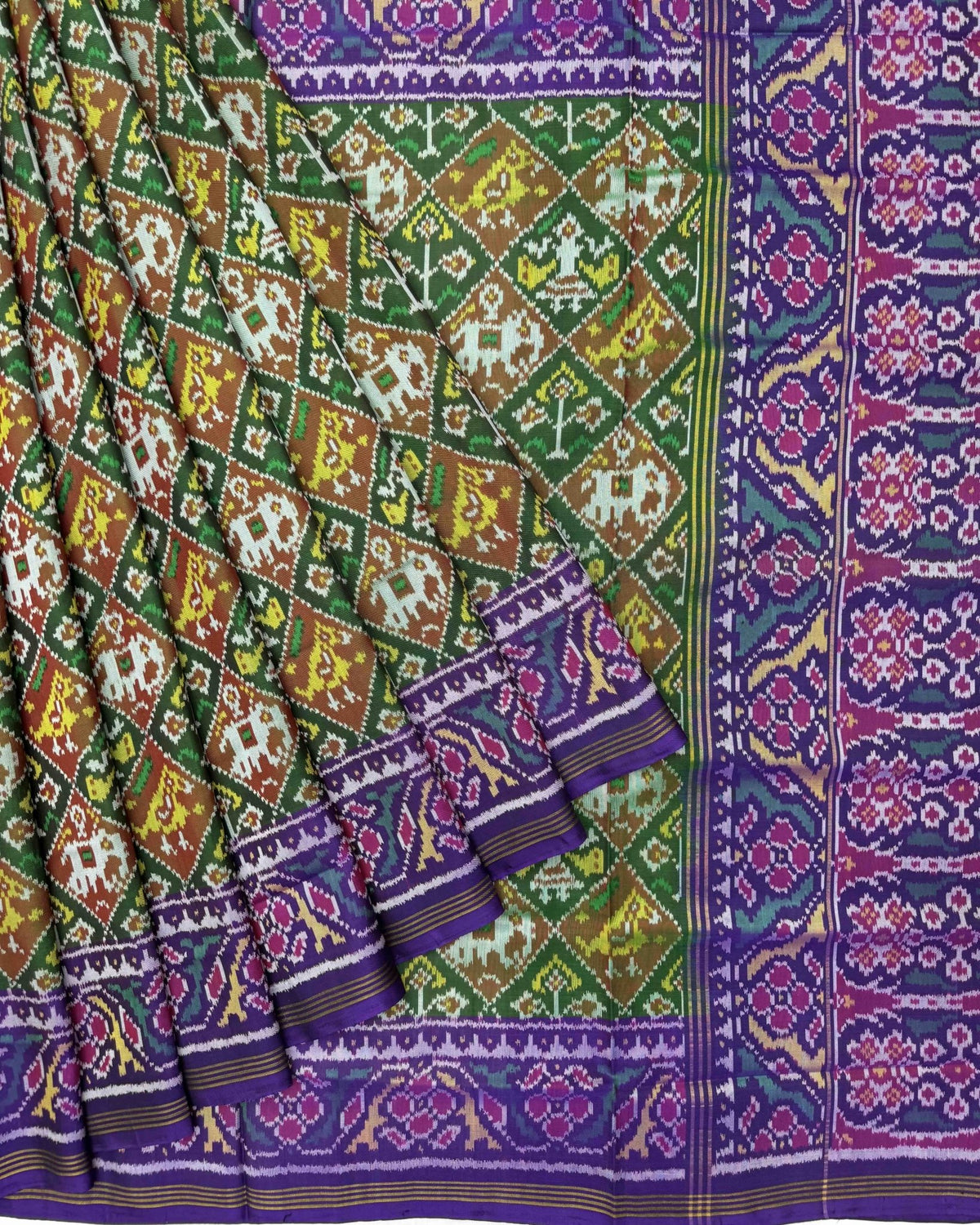Purplish Blue & Green Small Narikunj Semi Double Ikat Patola Saree - SindhoiPatolaArt