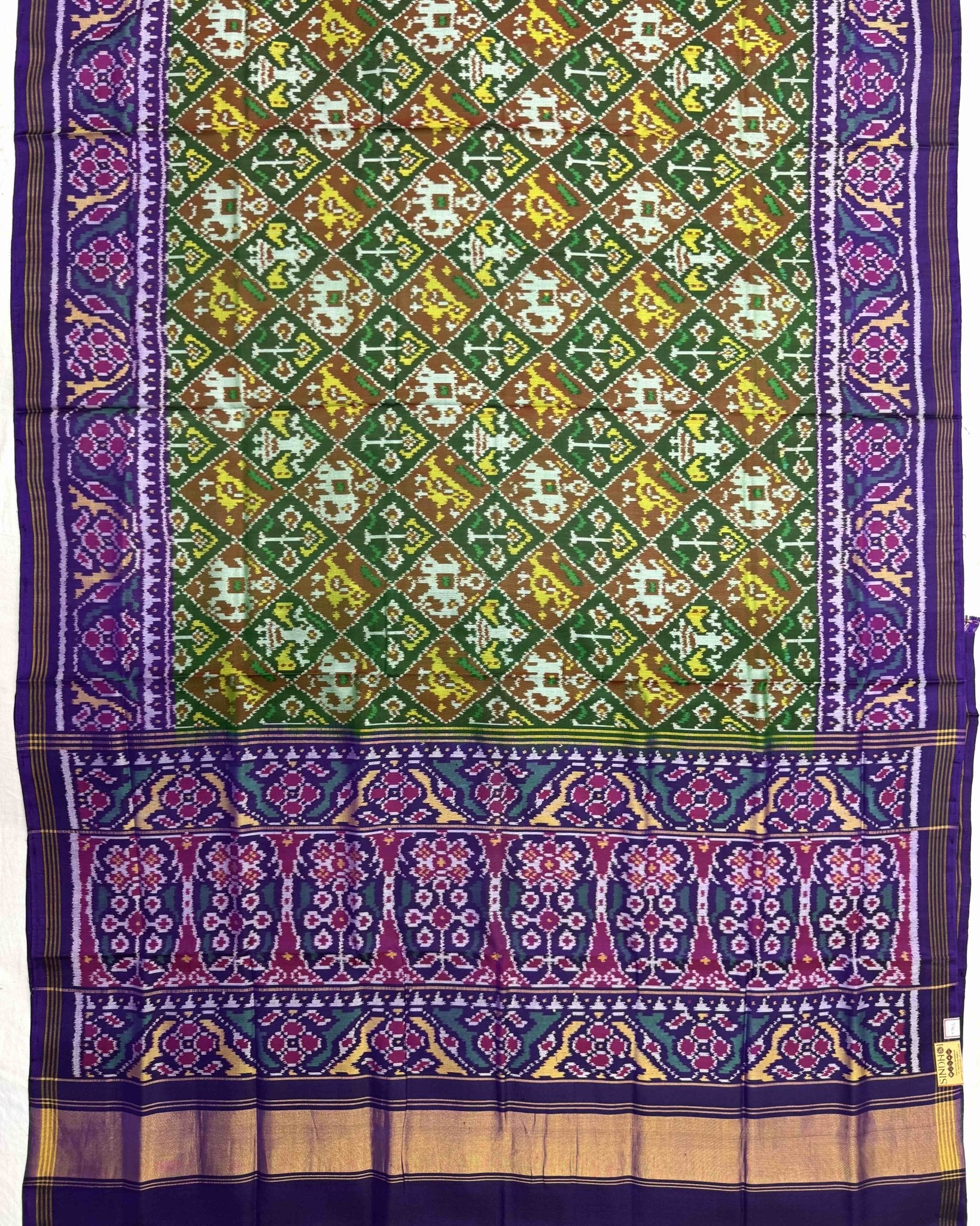 Purplish Blue & Green Small Narikunj Semi Double Ikat Patola Saree - SindhoiPatolaArt