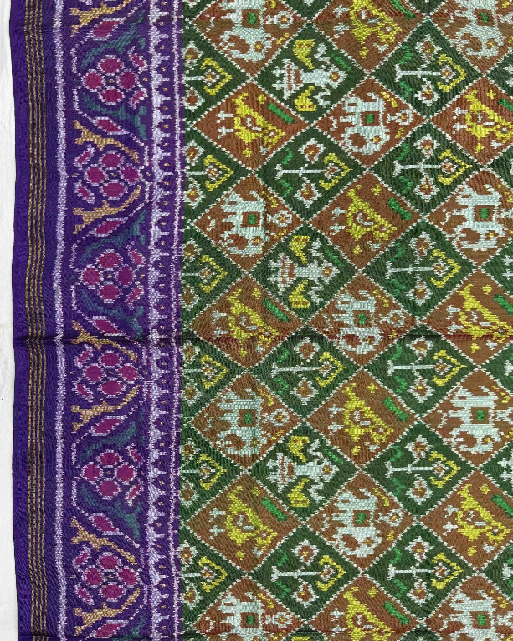 Purplish Blue & Green Small Narikunj Semi Double Ikat Patola Saree - SindhoiPatolaArt