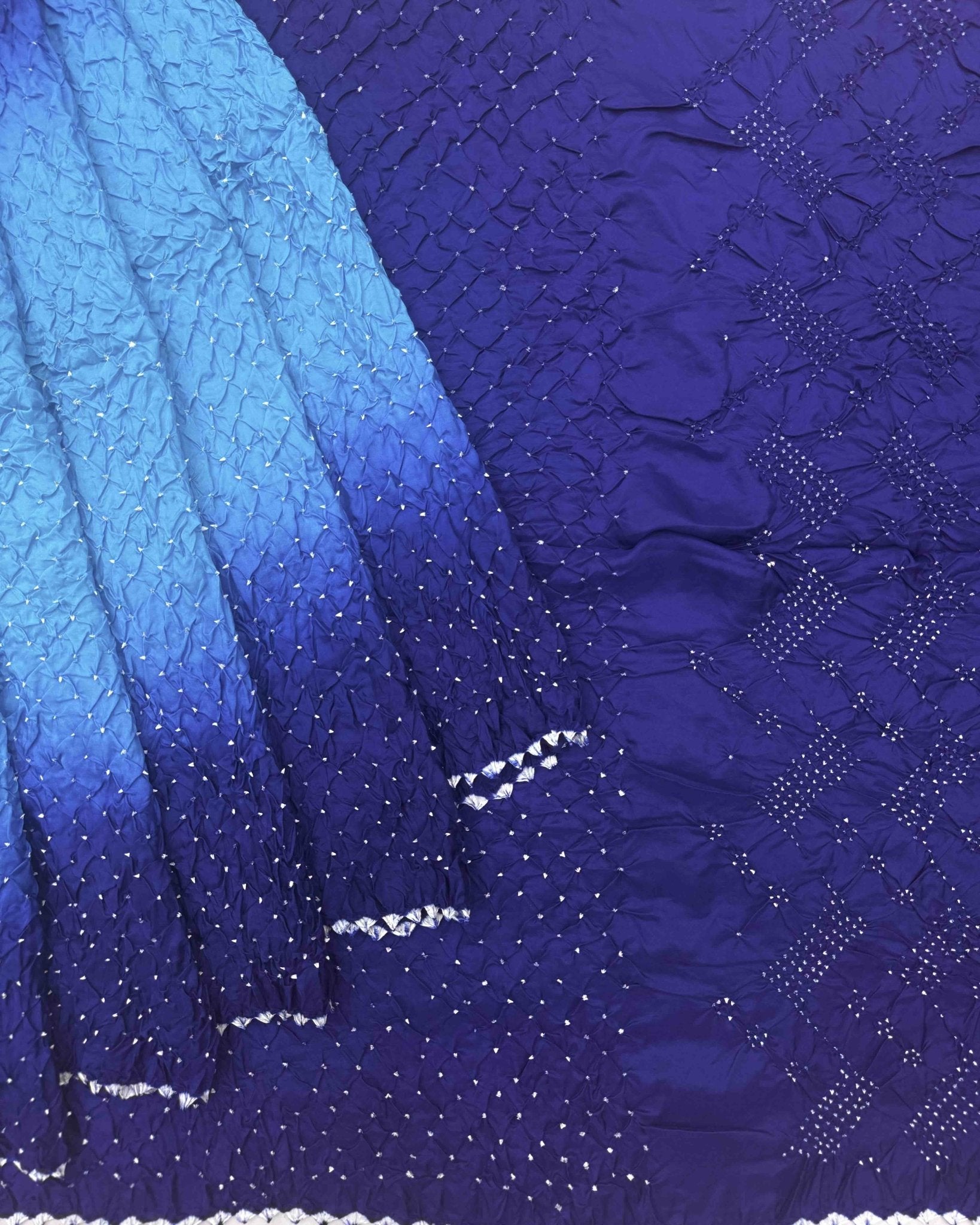 Purplish Blue & Sky Shaded Habotai Bandhani Saree - SindhoiPatolaArt