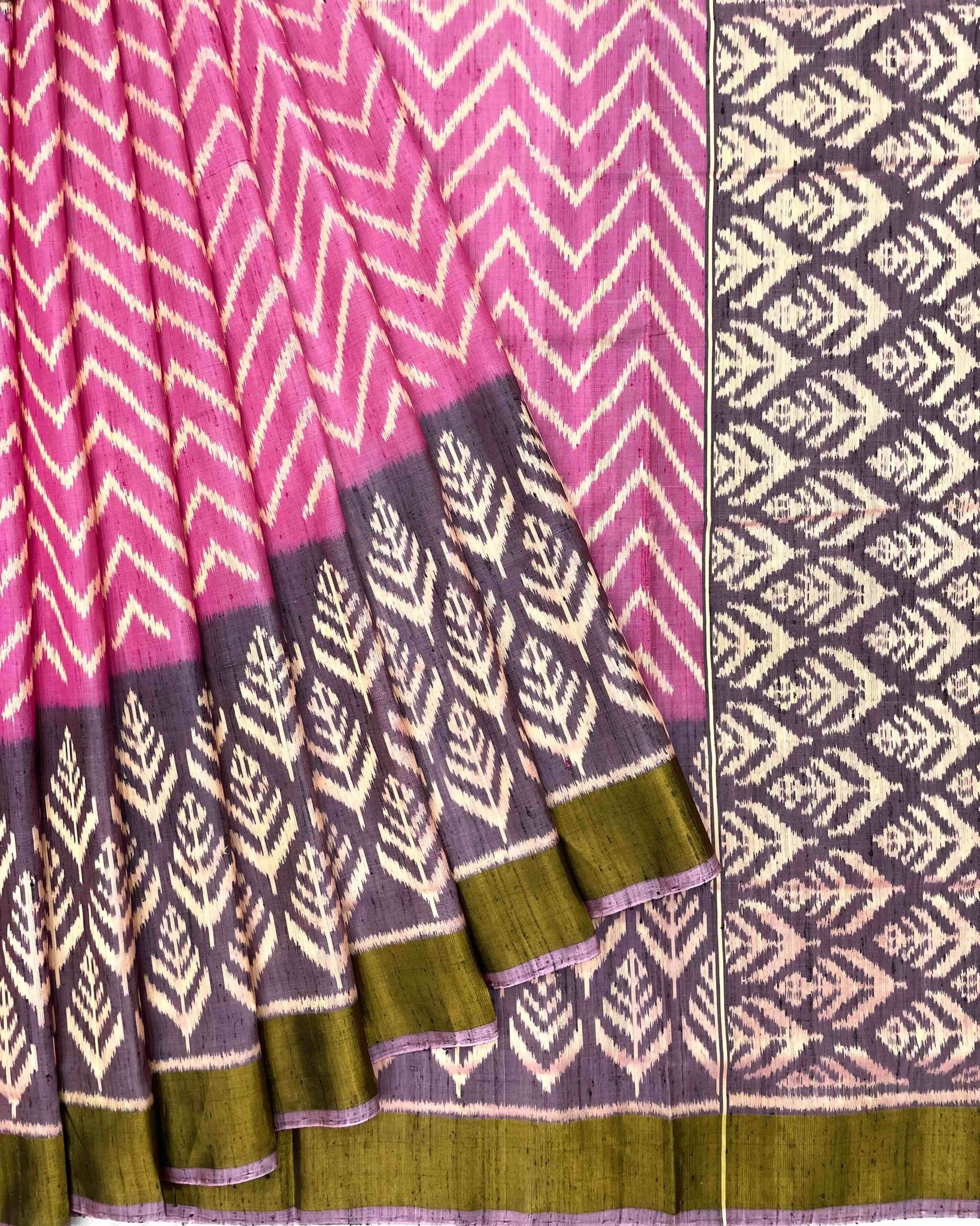 Purplish Grey with Light Pink Zig Zag Raw Silk Patola Saree - SindhoiPatolaArt