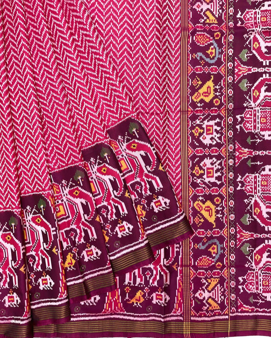 Purplish Maroon & Pink Zig Zag with Elephant Scut Border Patola Saree - SindhoiPatolaArt