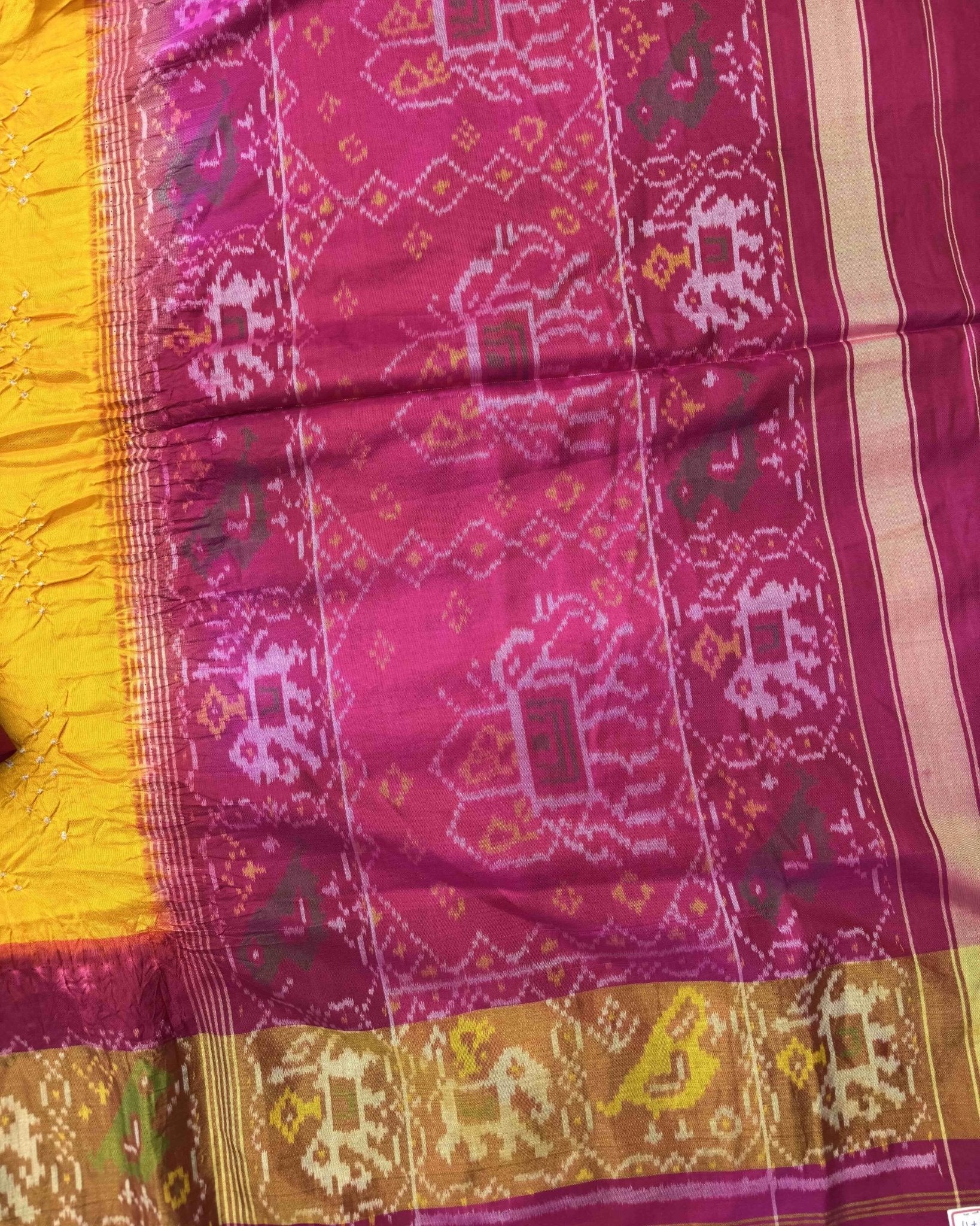 Purplish Pink & Yellow Bandhani Patola Saree - SindhoiPatolaArt