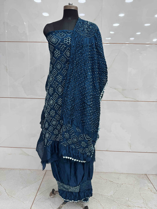 Rama Blue Chiniya Silk Bandhani Dress Material - SindhoiPatolaArt