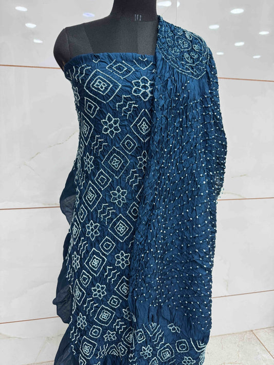Rama Blue Chiniya Silk Bandhani Dress Material - SindhoiPatolaArt