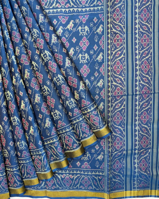 Rama Blue Narikunj Leheriya Patola Saree - SindhoiPatolaArt