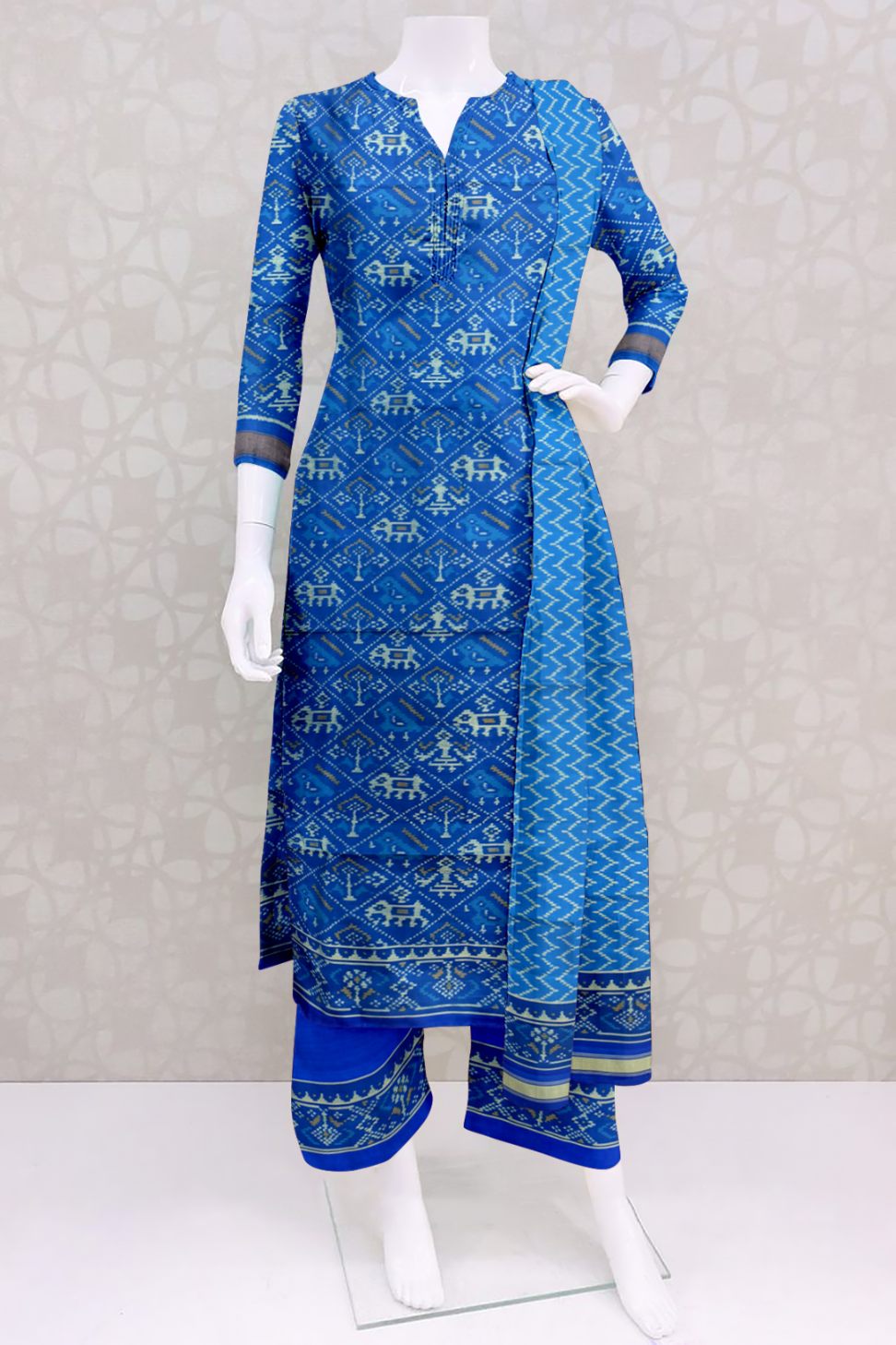 Rama Blue Narikunj Top & Zig Zag Dupatta with Plain Salwar Patola Dress - SindhoiPatolaArt