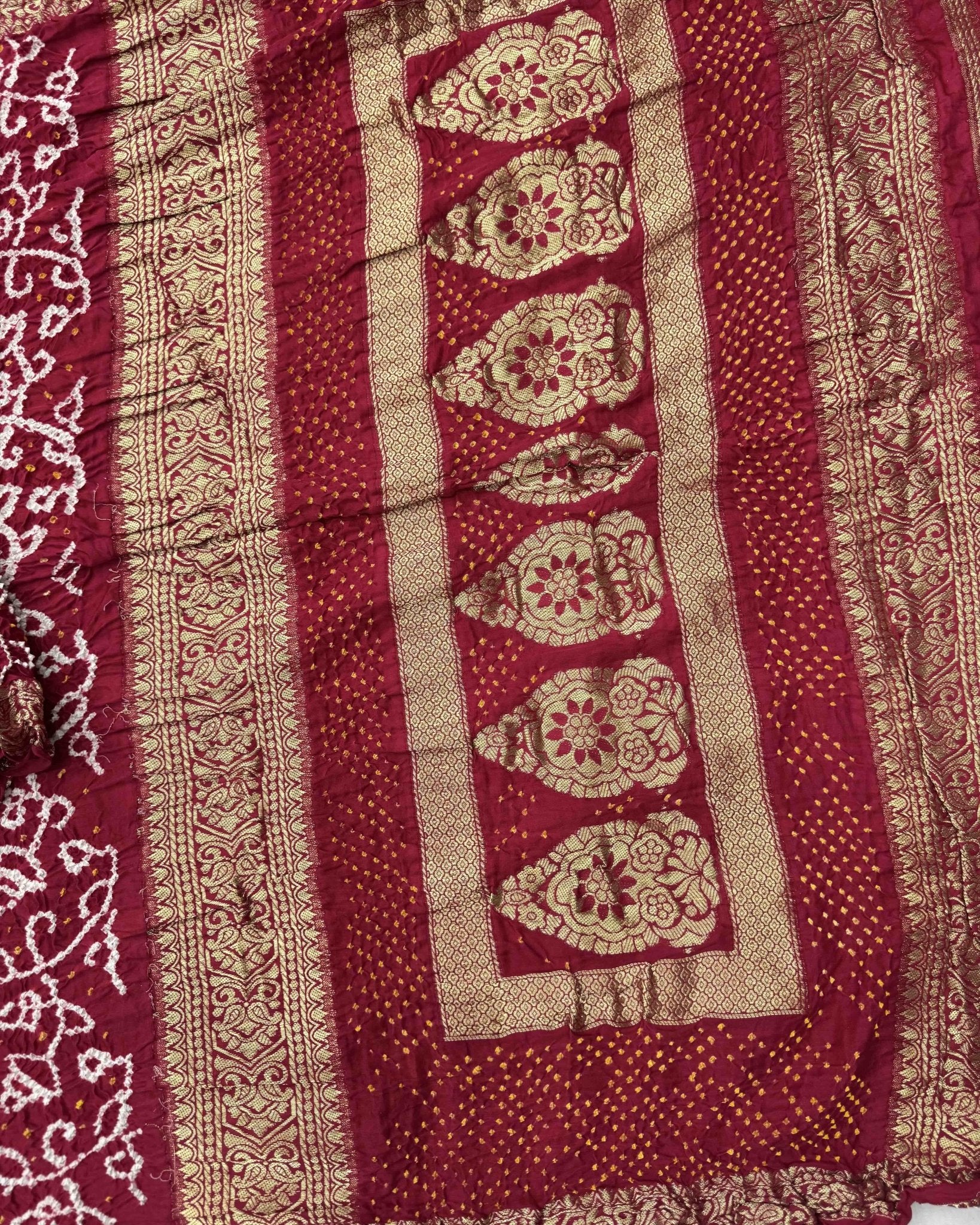 Red Banarasi Gajji Silk Bandhani Saree - SindhoiPatolaArt