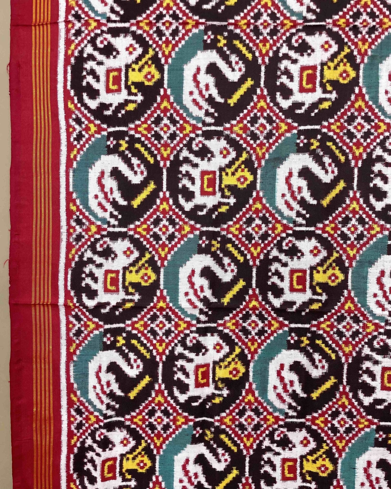 Red & Black Circle Elephant Swan Designer Patola Dupatta - SindhoiPatolaArt