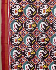Red & Black Circle Elephant Swan Designer Patola Dupatta - SindhoiPatolaArt