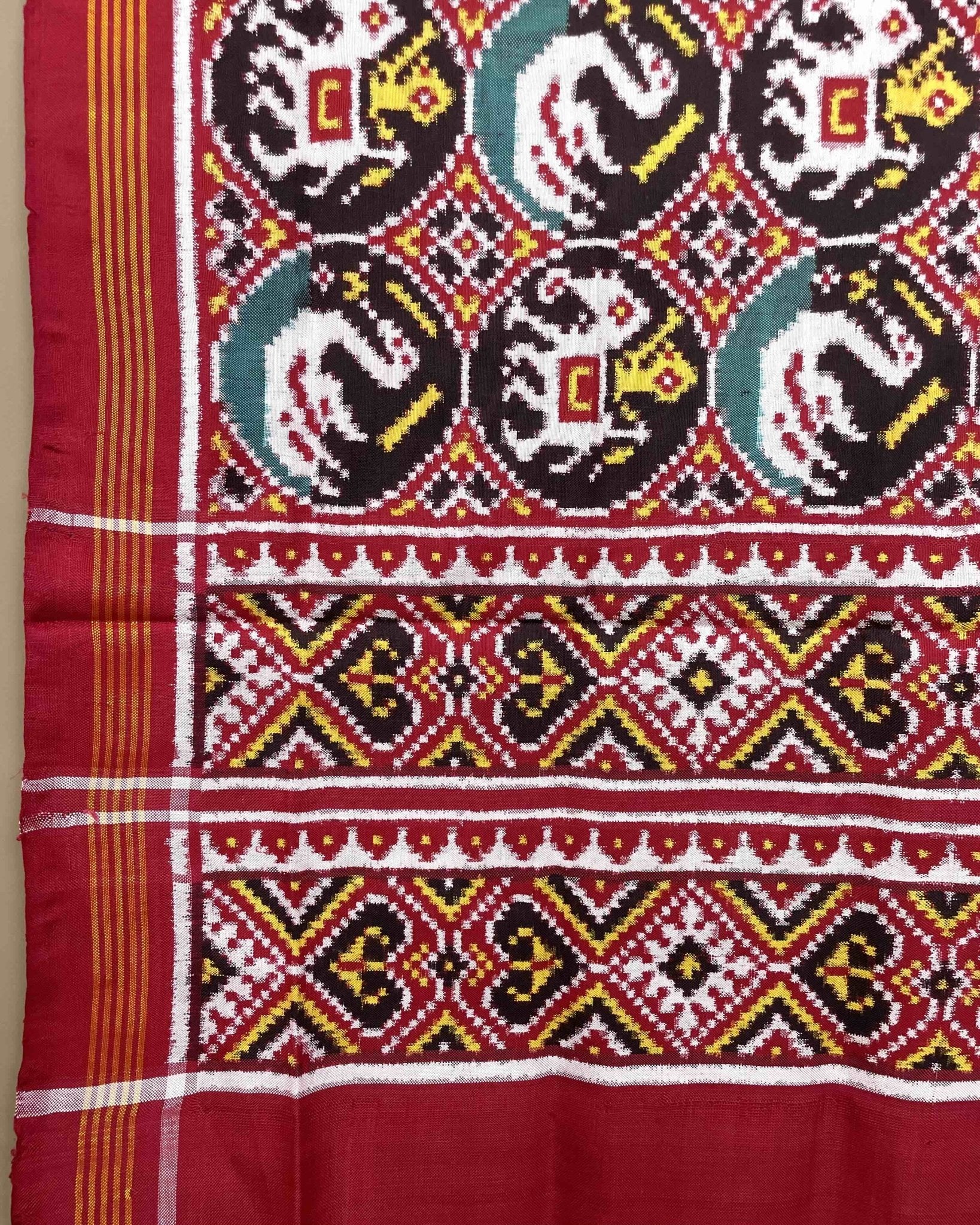 Red & Black Circle Elephant Swan Designer Patola Dupatta - SindhoiPatolaArt