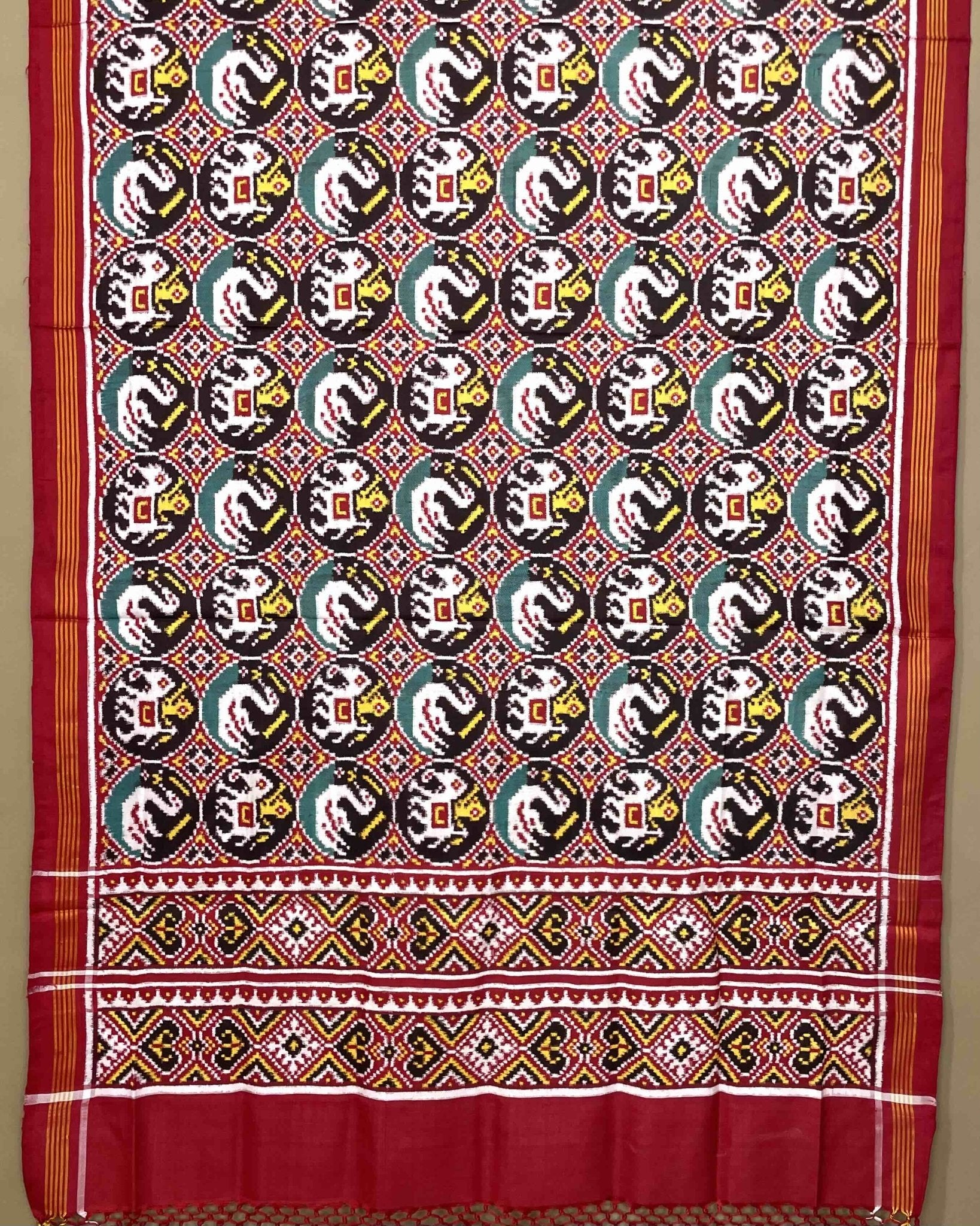 Red & Black Circle Elephant Swan Designer Patola Dupatta - SindhoiPatolaArt