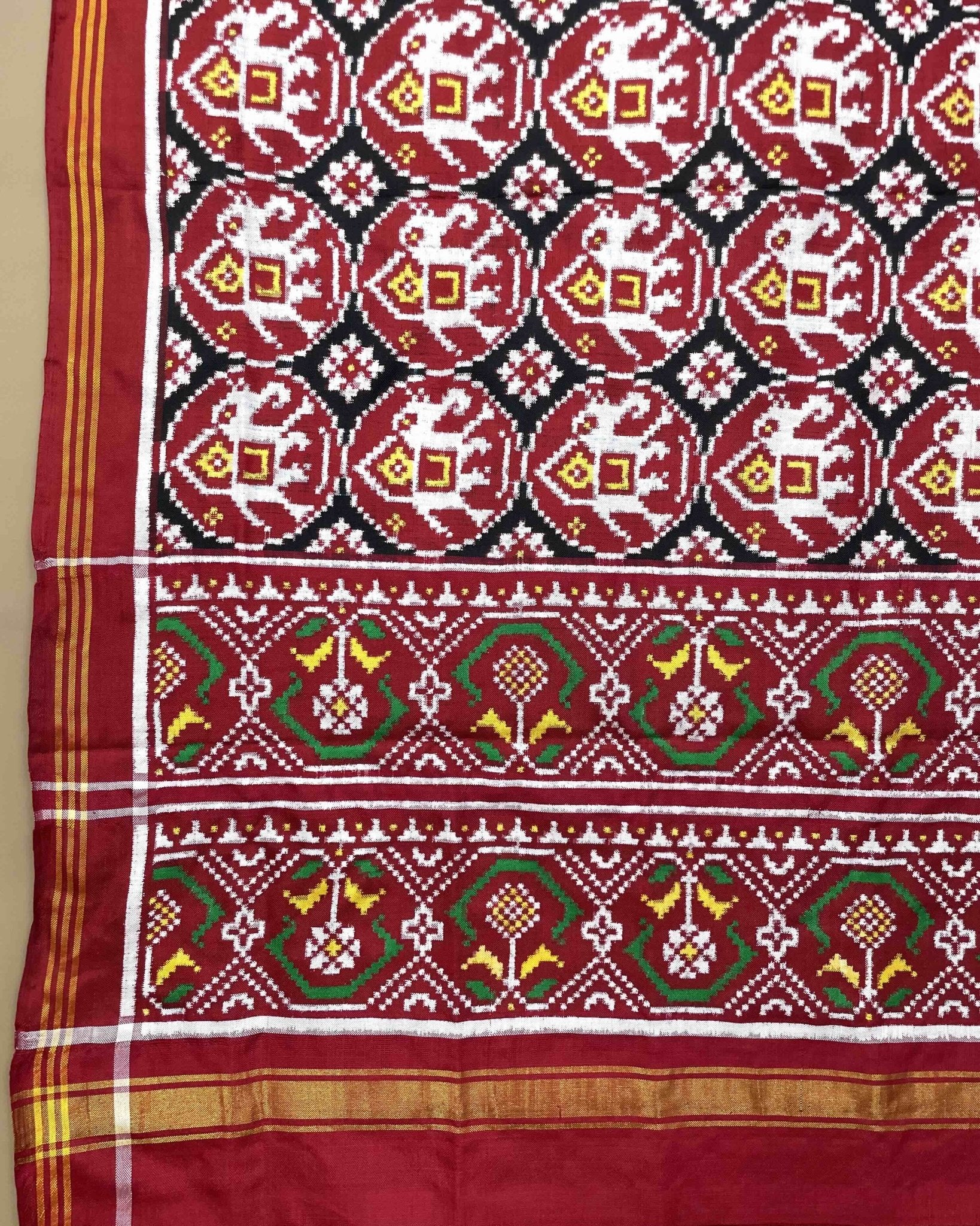 Red & Black Elephant Designer Patola Dupatta - SindhoiPatolaArt