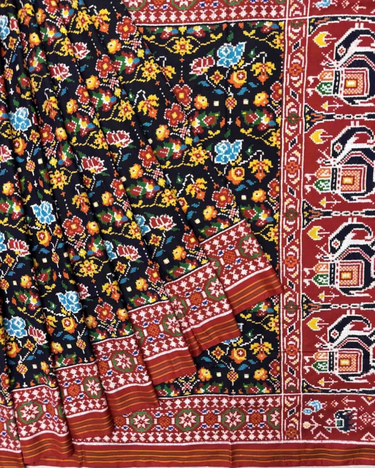 Red & Black Flower Double Ikat Patola Saree - SindhoiPatolaArt