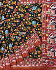 Red & Black Flower Double Ikat Patola Saree - SindhoiPatolaArt