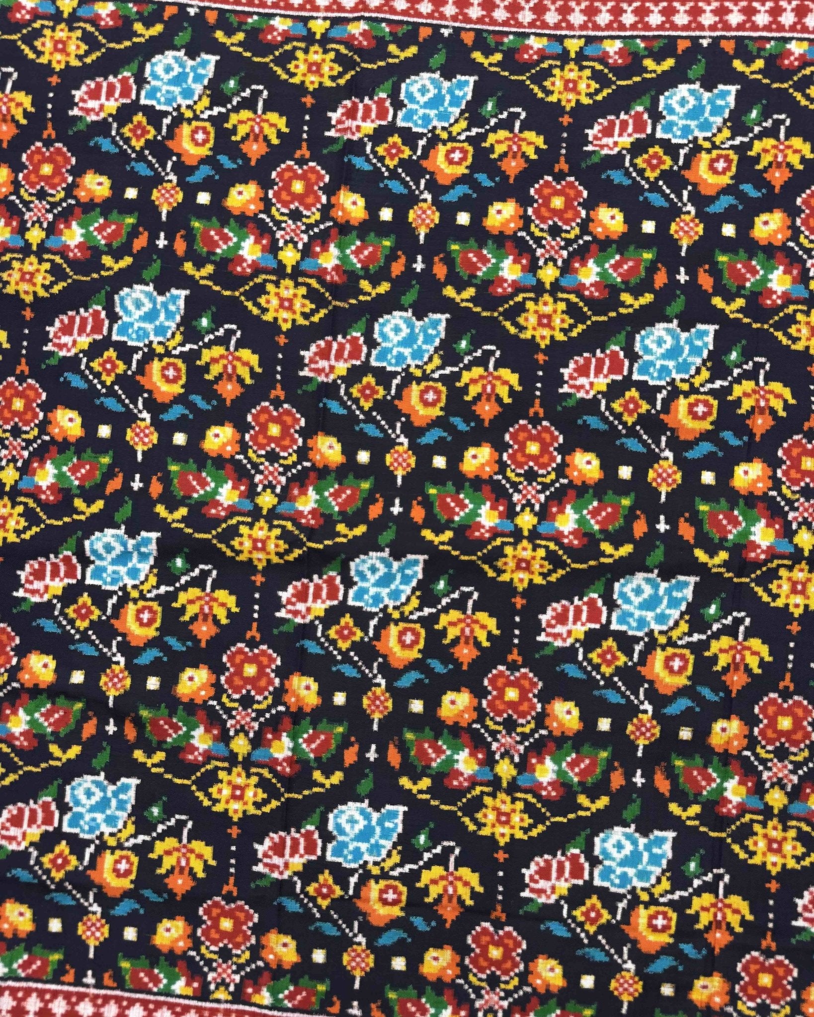 Red & Black Flower Double Ikat Patola Saree - SindhoiPatolaArt