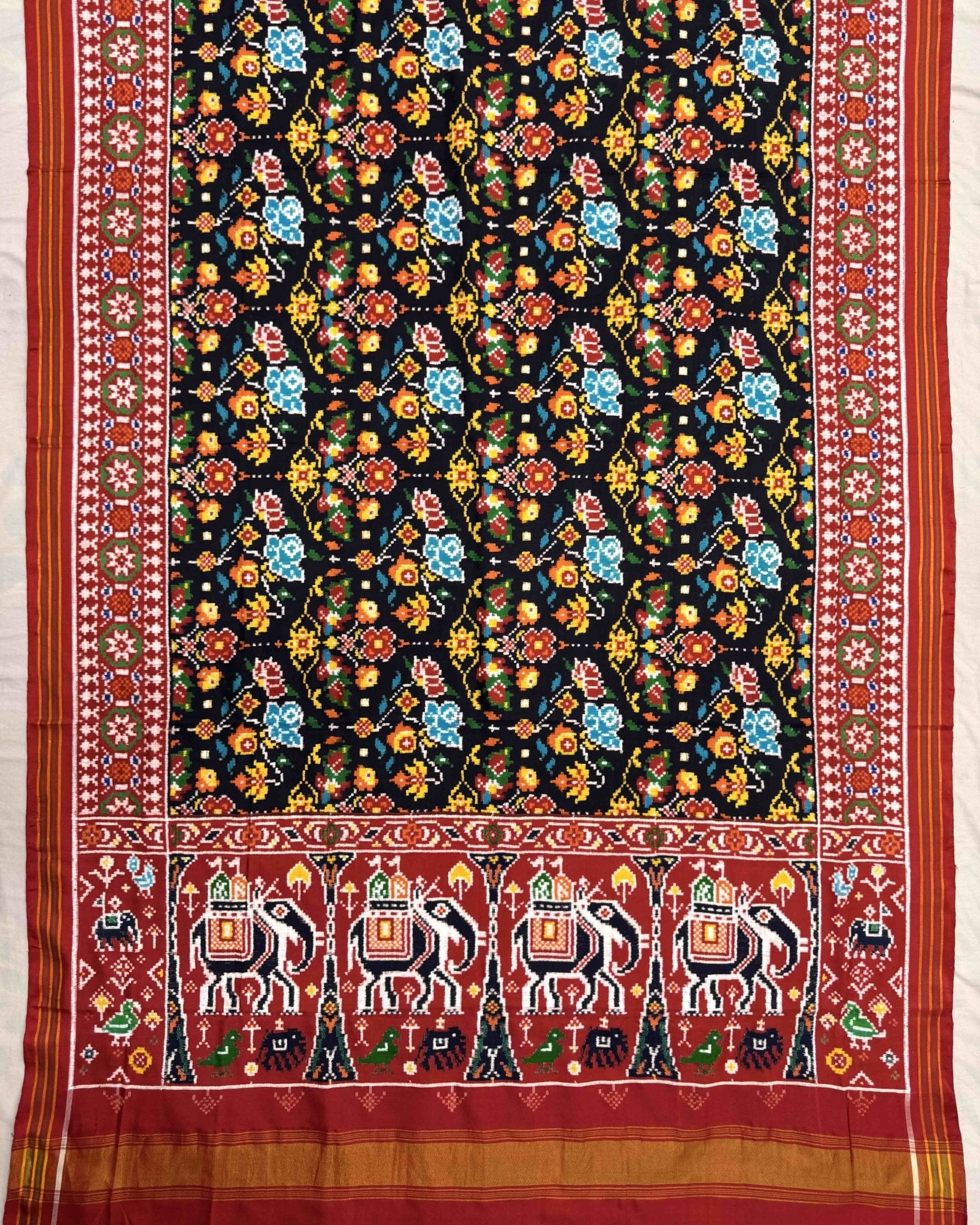 Red & Black Flower Double Ikat Patola Saree - SindhoiPatolaArt