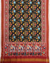Red & Black Flower Double Ikat Patola Saree - SindhoiPatolaArt