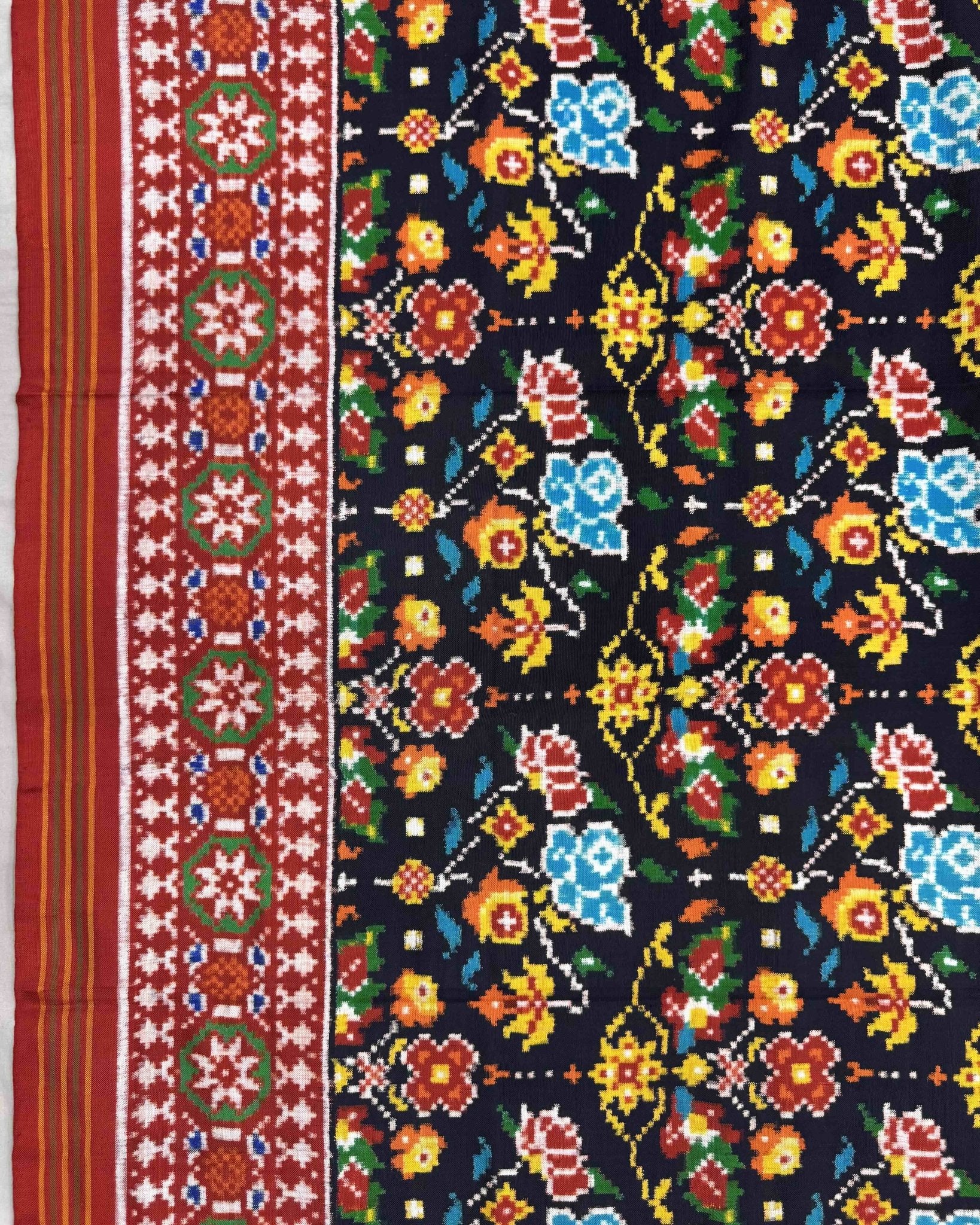 Red & Black Flower Double Ikat Patola Saree - SindhoiPatolaArt